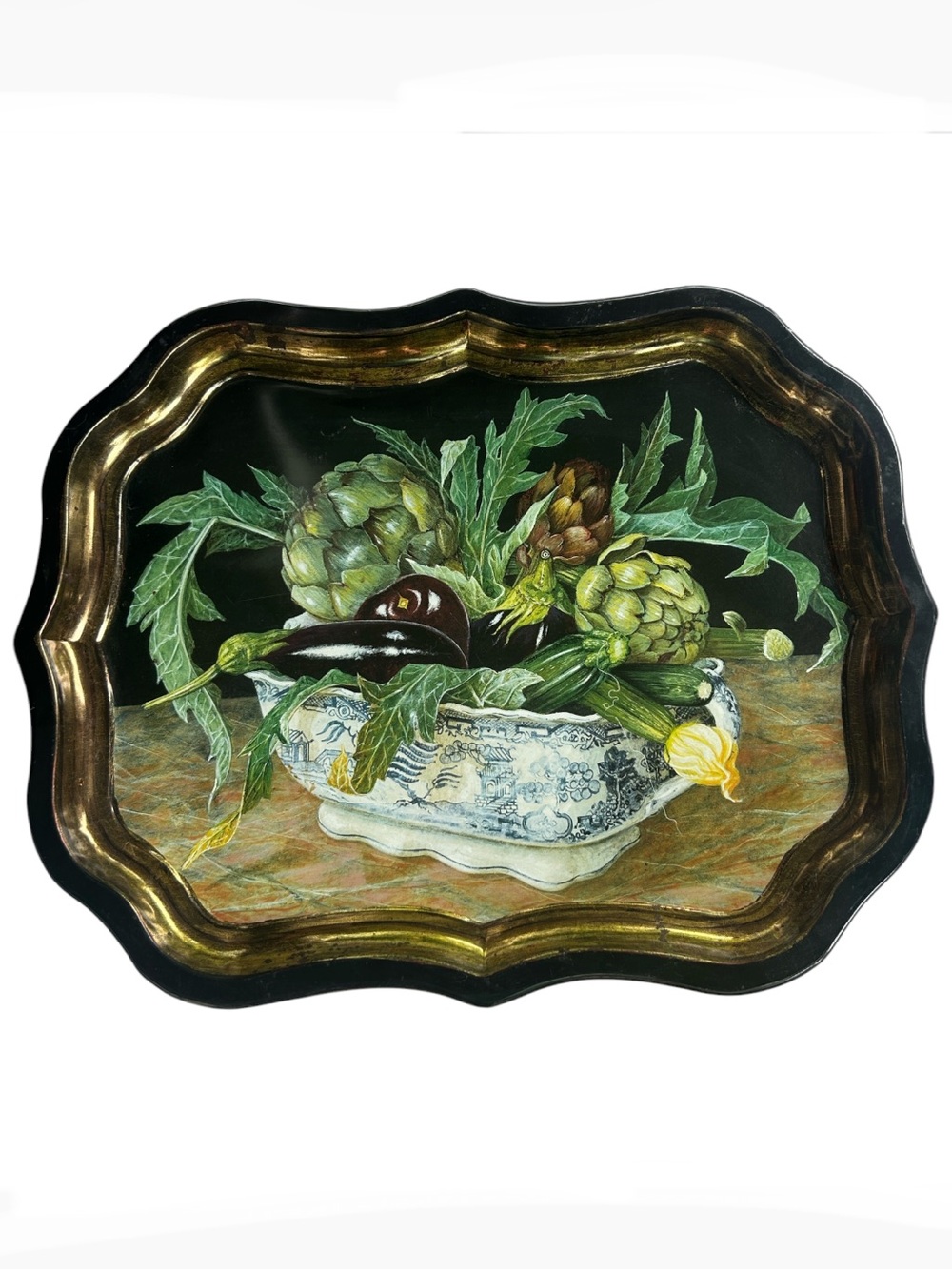 Large Vintage Toleware Metal Serving Tray with Artichoke & Eggplant Motif